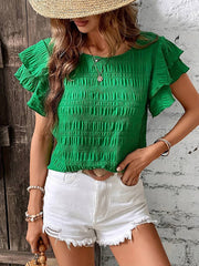 Summer Ruffled Short-sleeved T-shirt Casual Round Neck Pleated Design Top For Women Clothing