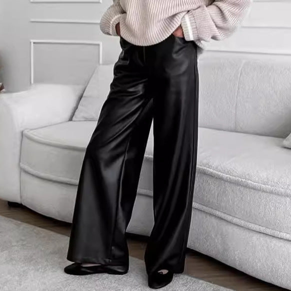 Retro Casual Black Leather Pants