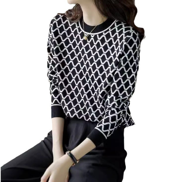 Wave Rhombus Plaid Slimming Wool Base Shirt Inner Knitted Sweater For Women